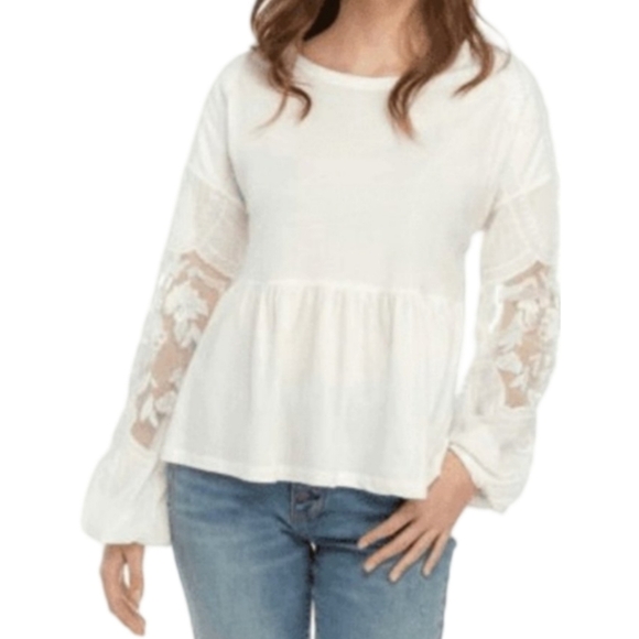 Free People Penny Top Embroidered Sheer Sleeves White Boho Cotton Peplum L - Picture 5 of 11